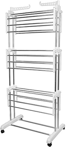 WODFARR Tendedero de ropa de 3 niveles, secadora de ropa plegable con ruedas, acero inoxidable para secadora de ropa interior y exterior (72 x 64 x 170 cm), color blanco