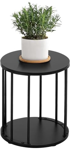 HDANI Supporto Rotondo per Piante in Metallo 35 cm,Supporto per Fiori Solido e Robusto per Soggiorno, Giardino, Balcone, Sgabello per Fiori in Legno,Nero