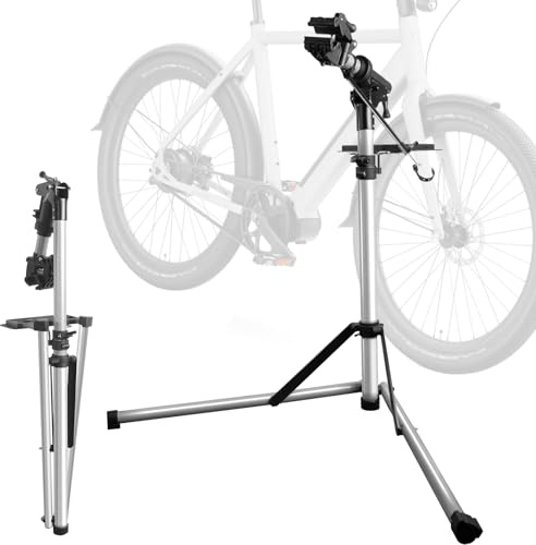 Bike Repair Stand - Heavy Duty Aluminum Mechanic Workstand (Max 110 lbs) with Tool Kit & Tray - Portable Foldable Bicycle Maintenance Rack with 360° Rotating Clamp for E-Bike, MTB & Road Bike