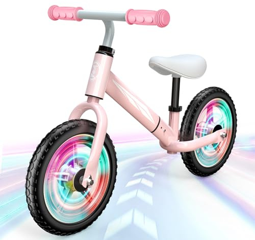 Dromlag Balance Bike for 2-5 Year Olds Kids, 50kg Weight Capacity, Adjustable Seat & Handlebars, LED Wheels, Safe & Stable, Ideal Children's Gift, Christmas Xmas Gifts for Kids Eve, Pink