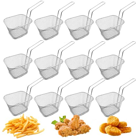 12 st Pommes korgar, rostfritt stål frityrkorgar små, mini serveringskorgar med handtag, Pommes Frites korg, Pommesgitter frityrkorgar för potatis chips sardiner frites (Silver)