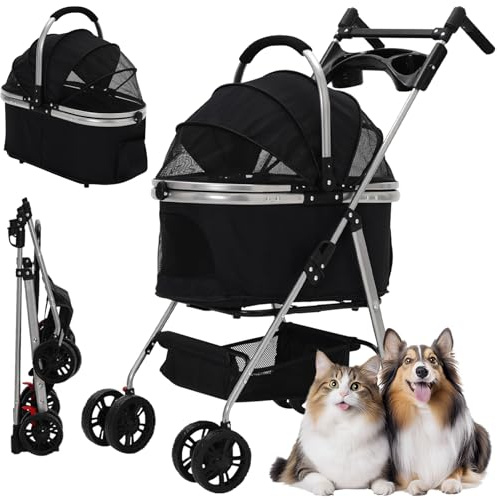 3-in-1 Foldable Pet Stroller with Detachable Carrier,Cup Holder&Storage Bag