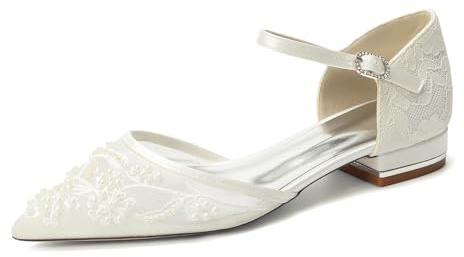 Women's Wedding Shoes Low Block Heel Lace Pointed Toe Pumps for Bride Ankle Strap Satin Evening Dress Shoes for Party Cocktail