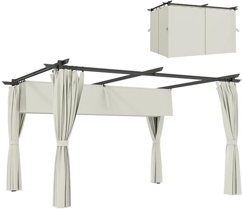 Outsunny Pergola 3 x 3 m mit einziehbarem Sonnendach und Vorhängen, Außenlaube UPF30+ für Garten, Terrasse, Veranda, cremefarben