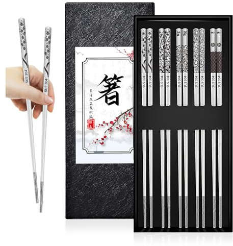 HMCEY 5 Paia Bacchette in Acciaio Inox,Bacchette Cinesi Riutilizzabili,Reusable Chopsticks Metal,Bacchetta Cucina per Sushi Lavabili in Lavastoviglie per Casa, Ristorante, Campeggio - Stile misto