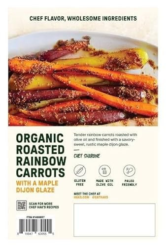 Organic Roasted Rainbow Carrots , Maple Dijon Glaze; Gluten Free; Kosher; No Preservatives; Made with Olive Oil . Ingredients [ Rainbow Carrots, Maple Dijon Glaze , Whole Grain Mustard (Distilled Vinegar, Water, Mustard Seed, Sea Salt, Cane Sugar, Turmeric, Spices), Water, Syrup, Honey, Xanthan Gum), Organic Extra Virgin Olive Oil, Sea Salt, Dried Thyme, Black Pepper.] [ 31 oz , 1.9 lb ]
