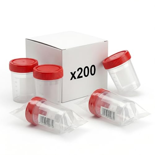 KMINA Urinkopp 120 ml (200 stycken), provkopp med rött skruvlock, graderad och med märkningsfält, hygieniskt enkelförpackad | Contenedor para muestra de heces, esputos, envase estéril termosellado individual, banda mate para rotular nombre y fecha