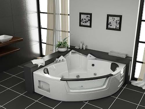 Vasca da bagno 152 x 152 cm Venezia per 2 persone, vasca idromassaggio angolare con 12 idrojet, cascata, cromoterapia, idropompa da 1000 W, in acrilico sanitario, supporto cervicale, vetro ESG