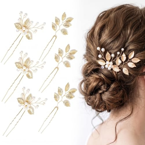 Lot de 6 Accessoires Cheveux en Or Feuilles, Pinces U pour Femme | Barettes Cheveux Décorées Perles et Strass, Bijoux Cheveux Légers, Accessoire Cheveux pour Mariage, Sortie et Quotidien