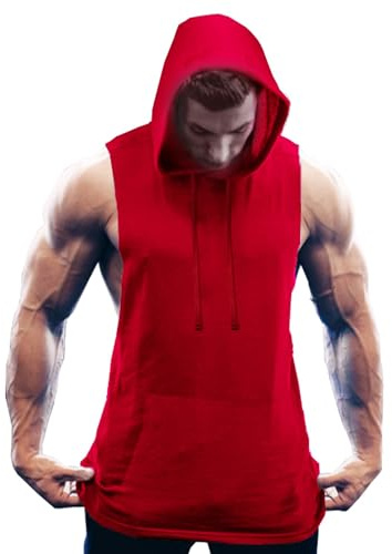 Coofandy Men's Workout Hooded Tank Tops Bodybuilding Muscle Cut Off T Shirt Sleeveless Gym Hoodies, Red, S