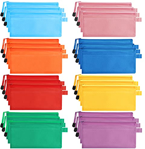 Belle Vous Pack de 24 Bolsas de Plastico de Malla con Cremallera Bolsas Zip Documentos (8 Colores) - Bolsa de Viaje Impermeable, Cosméticos, Accesorio, Oficina/Escuela, Bolígrafos/Lápices o Recibo