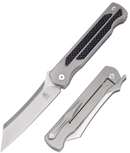 KATSU Klappmesser, CPM S35VN Stahl Taschenmesser mit Griff aus Titan und Kohlefaser, Einhandmesser mit Rahmenschloss & Gürtelclip, Japanisches EDC Messer Outdoor Messer für den Täglichen Gebrauch
