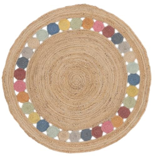 RugVista Dottie Jute, Teppich, Moderne Teppiche, Ø 150 cm, Rund, Niedriger Stapel, Wohnzimmer, Schlafzimmer, Küche, Diele, Nur chemische Reinigung, Care & Fair Zertifiziert, Mehrfarbig