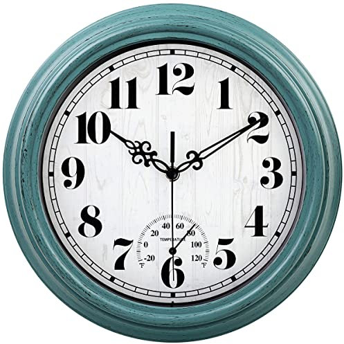 zyzamay wasserdichte Wanduhr mit Thermometer, 30,5 cm, leicht zu lesen, Nicht tickend, batteriebetrieben, hochwertige Quarzuhr, dekorativ für Terrasse, Veranda, Pool, Badezimmer, Deck (grün)