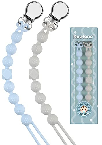 Kowlone Dummy Clips Boys Girls Silicone Soother Pacifier Chain Flexible Binky Holder Set with Texture for Teething Baby Unisex Newborn Dummies 1-Piece Design(Pastel Blue,Glacier Grey)