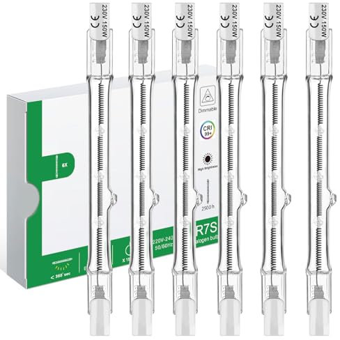 Jaenmsa R7S Halogenstab 118mm 150W, Halogen Leuchtmittel r7s 118mm, 6er Pack Deckenfluter Leuchtmittel 150W 230V 2700K Warmweiß, Baustrahler Birne Dimmbar für Landschaftsbeleuchtung Wohnzimmerleuchten