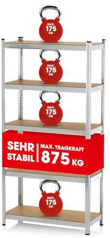 EASYmaxx Schwerlastregal 180x90x40 cm | 875 kg Traglast, 175 kg pro Ebene | Regal und Werkbank | Kellerregal, Lagerregal mit 5 verstellbaren Ablagen | Für Keller, Garage, Hobbyraum, Werkstatt