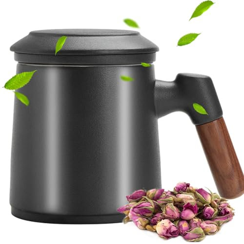 DASIAUTOEM Teetasse mit Teesieb und Deckel, 400ML Gross Teebecher, Keramik Tasse Palisandergriff, Losen Teetassen für den Täglichen und Bürogebrauch, Geschenke für Papa Opa Familie Freunde Einweichen