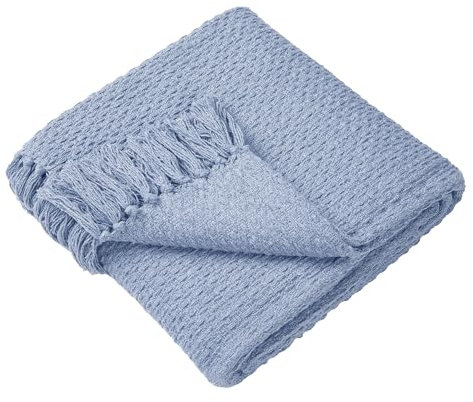 Drift Home - Blue Throw with Tassel - Sustainable Recycled Cotton - Woven Textured Sofa Throw Blanket - Extra Large (200 x 200cm)