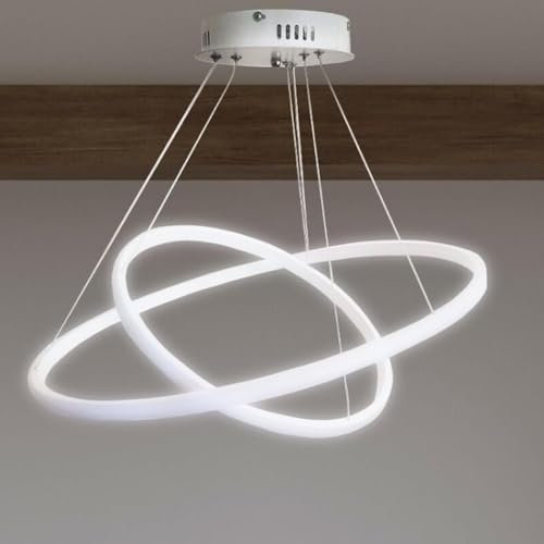 MAKA Lampadario a Sospensione LED | 60W 6540 Lumen Bianco 220V | 2 Cerchi Luce Naturale 4000K | Cavi Regolabili, Facile Installazione | Lampadario Camera da Letto, Soggiorno, Cucina