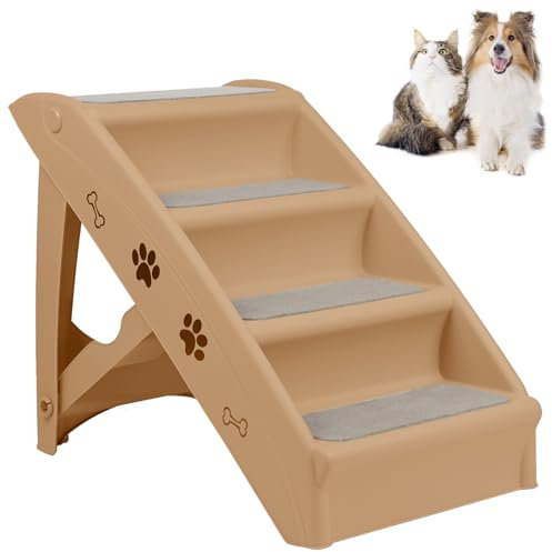FIVMEN Faltbare Haustiertreppe für Hunde 4 Stufen Katzentreppe mit rutschfeste Filz Matte Hundetreppe Kunststoff Tragbare Haustiere Treppen für Bett Sofa Auto Hunderampe für 75KG Hunde/Katze (Braun)