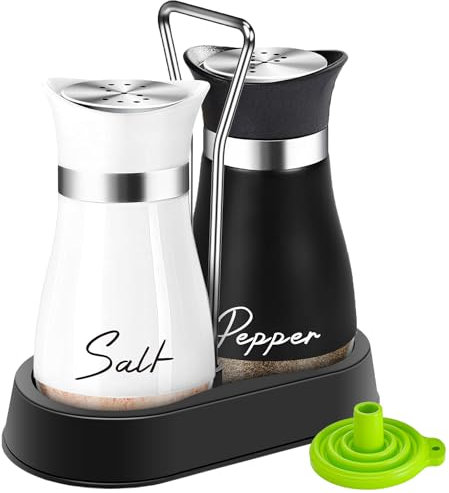 UDQYQ Salz- und Pfefferstreuer Set mit Halter,Salz- und Pfefferstreuer Set Edelstahl mit Glasboden,Nachfüllbarer Salzstreuer Küchenhelfer für Theke Moderne Dekoration Tisch (Schwarz + Weiß)