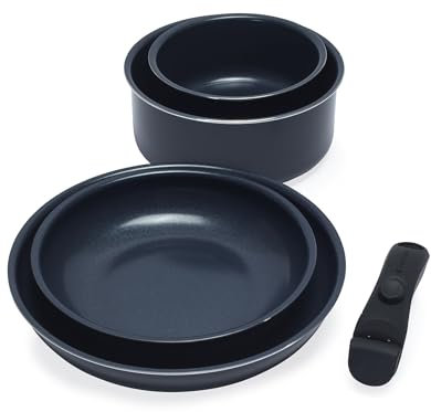 Russell Hobbs RH03319EU7 Smart Clip - Set di 5 padelle e padelle antiaderenti in ceramica con manico staccabile, design impilabile, senza PFA, adatta al forno a induzione, blu marino