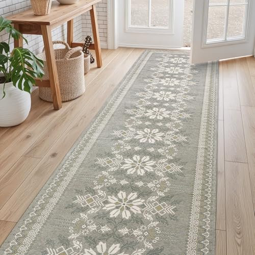 DEXI Teppich Läufer Flur 66 x 213 cm, Küchenläufer Waschbar rutschfest, Leicht Zu Reinigen, Langer Teppichläufer fur Schlafzimmer, Küche, Wohnraum, Grau