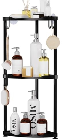 SWTYMIKI Corner Shower Caddy Standing - 3 Tier Stainless Steel Shower Organizer Stand, Large Capacity Floor Shelf with 4 Hooks, Rustproof Bathroom Storage Rack, Black