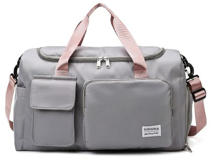 Sporttasche für Männer und Frauen, 42 L Große wasserdichte Reisetasche, Sporttasche mit Schuhfach, Nassfach und Rucksackfunktion Reisetasche, Trainingstasche, Schwimmtasche，Turnbeutel (grau-rosa)