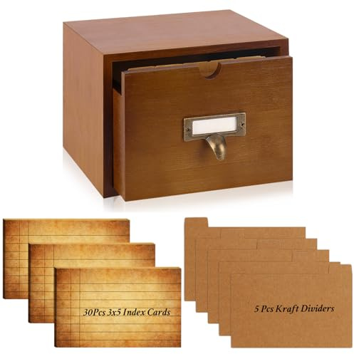 DLUGOPIS 3x5 Index Cards Holder Wood Index Card Organizer Box Flash Card Holder Recipe Cards Holder with Drawer 30 Pcs Vintage Library Cards 5 Kraft Dividers For Gifts Cards Home Office