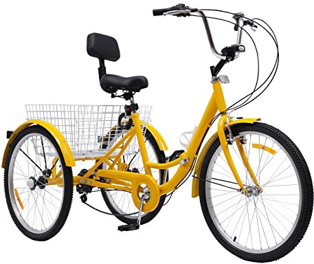 Caskunbsy 24 tums trehjuling för vuxna, 3 hjul cykel med ryggstöd och shoppingkorg, 3-hjul, 7 växlar, cykling för utomhussport, shopping, vikbara Cruise Bikes trehjulingar (gul)