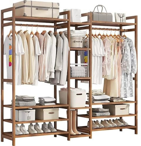 Portant à vêtements en Bambou Naturel avec Tringle de Suspension, 2 étagères et Crochets – Porte-vêtements Autonome pour Chambre et Couloir, Solution de Rangement écologique pour vêtements