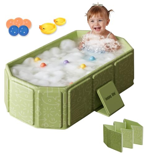 Bañera plegable para Niños: Bañera Grande para Niños Pequeños - Incluye 5 Pelotas y 2 patos - Bañera Integrada con Tapón de Drenaje - Bañera Portátil con Juguetes para Niños (Green)