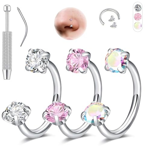 Aidenn Piercing para la nariz de herradura de 18 g para mujer, 6-8 mm, juego de joyas dorado y plateado, anillos de herradura de doble circonita, acero quirúrgico para hélix, tragus, labret