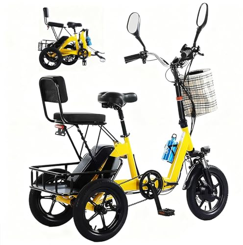 Triciclo Eléctrico de 3 Ruedas para Adultos, 48V Electric Bike – Plegable, con soporte para móvil y puerto USB y luz LED frontal, 11–20 km/h, Frenos Dobles, para Uso Urbano y Compras Yellow