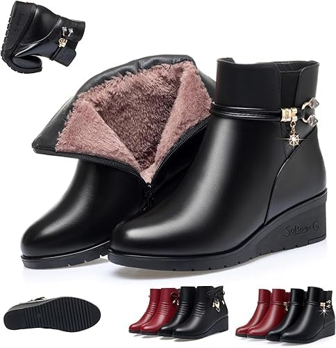 HESYSUAN Botines ortopédicos de tacón de cuña para mujer, botines de invierno con plataforma de piel auténtica, con cremallera lateral, diamantes de imitación brillantes, impermeables, ortopédicos