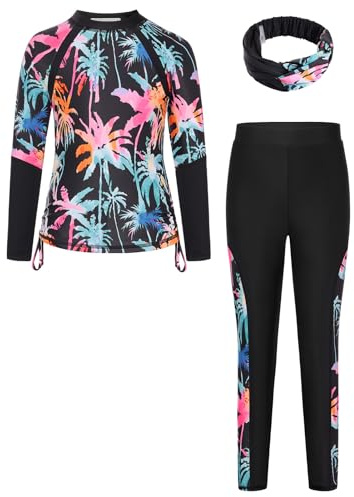 GRACE KARIN Printed Summer Swimming Costume for Girls Long Sleeve Crew Neck Swimsuit Elastic Rash Guard with Headband Rainbow Tropical Palm 10-11 Years