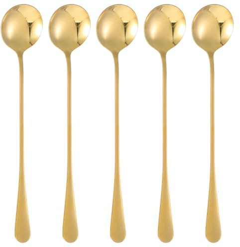 Guduling 5 cucchiaini da caffè oro, 19,5 cm, cucchiai da gelato in acciaio inox, lunghi, cucchiaini da tè, cucchiaini da dessert, cucchiaio per latte macchiato oro con manico lungo, cucchiaino per