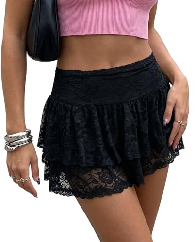 Women Summer Y2K Lace Mini Skirts Elegant High Waist Layered Ruffle Skirt | Vacation Club y2 Streetwear,Beach Short Skirts,Boho Outfits Micro Shorts Skirts,Ladies A-Line Skirt
