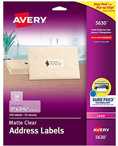 Avery Printable Address Labels, Sure Feed Technology, 1 x 2-5/8, Matte Clear, 750 Blank Mailing Labels (05630)