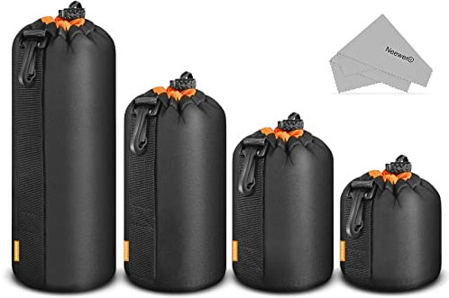 NEEWER Kameraobjektiv Tasche(4 Pack/4 Größen)Dicker Schutzbeutel mit Kordelzug,orangefarbener Innenraum,weiche Plüsch Neoprentasche,kompatibel mit Sony Canon Nikon Pentax Olympus Panasonic DSLR Lens