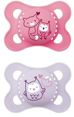 MAM Original Latexschnuller im 2er-Set, Schnuller aus nachhaltigen, bio-erneuerbaren Materialien, Baby Schnuller mit symmetrischem & kiefergerechtem Sauger, 0-6 Monate, Fuchs/Eule