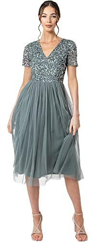 Maya Deluxe Damen Midi-Kleid mit V-Ausschnitt, Verziert Brautjungfernkleid, Grün (Misty Green), 38 EU