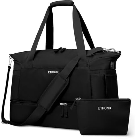 ETRONIK Gym Bag Womens, Travel Duffel Bag, Easyjet Cabin Bag 45x36x20 Underseat, Weekend Bag with Shoes Compartment, Hospital Bag with Wet Pocket & USB Charging Port, Overnight Sports Bag, Black