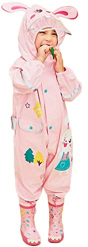 Fewlby Puddle Suit Kids All in One Waterproof Overalls Rainsuit Boys Girls Muddy Suit Hooded Raincoat Rainwear Cartoon Rabbit Romper 1-3 years S Size