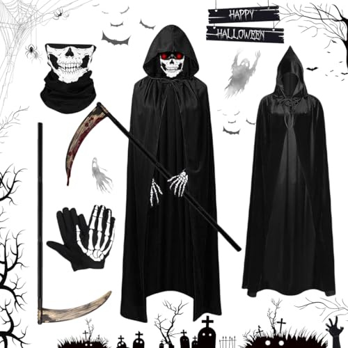 O-Kinee New Déguisement faucheur Halloween Ensemble de vêtements Cape à Capuchon Noire, Une Faucille rouillée, des Gants de crâne, Une Serviette pour Le Visage du crâne, Halloween Carnaval