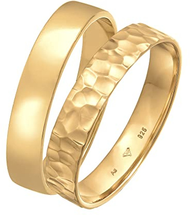 Kuzzoi Herrenringe Ring Set Silber, 2 Stück Bandringe 925 Sterling Silber vergoldet, Silberringe für Männer Basic und Hammerschlag Look, Goldenes Ring Set Herren, Ringgröße 62, 0606510722_62