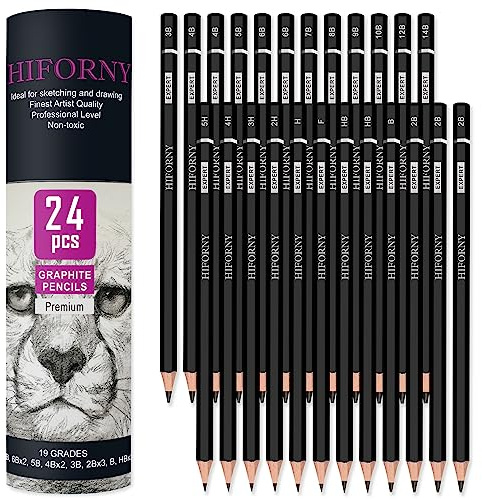 HIFORNY Juego de 24 Lápices de Grafito (14B - 5H), de Dibujo y Arte Con 19 Grados, Ideal Para Principiantes y Artistas