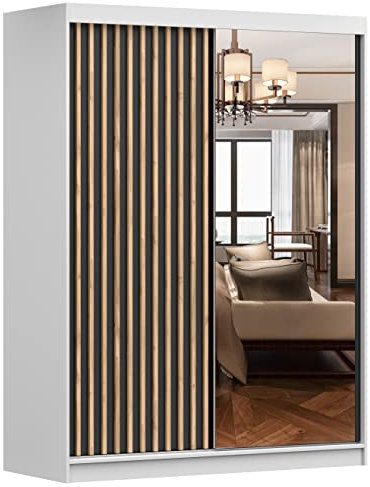 Fabryka Mebli Idźczak Kleiderschrank mit Spiegel, Lamellen, Schiebetüren - Schwebetürenschrank, Schlafzimmerschrank - 61 x 150 x 200 cm - Weißer, Schwarzer Schrank für Schlafzimmer, Garderobe